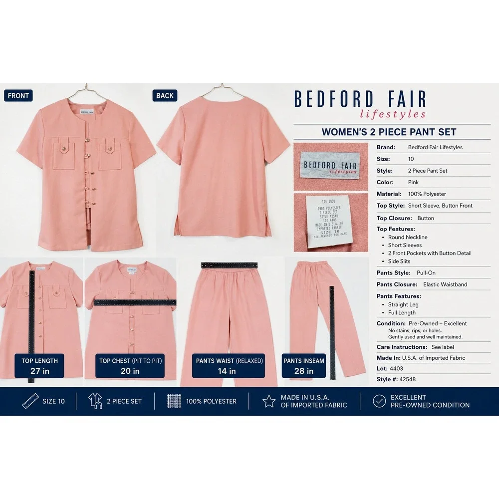 Bedford Fair Lifestyles Pink 2 Piece Pant Set Short Sleeve Button Top Size 10